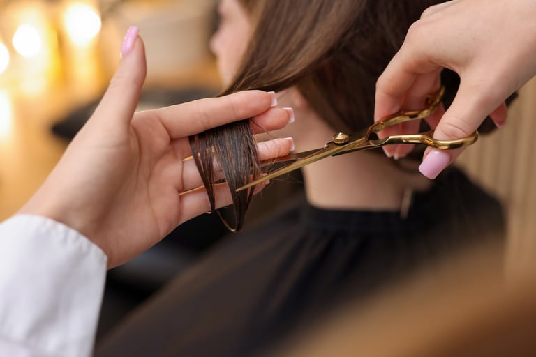 Professional hairstylist cutting client's hair with scissors in salon