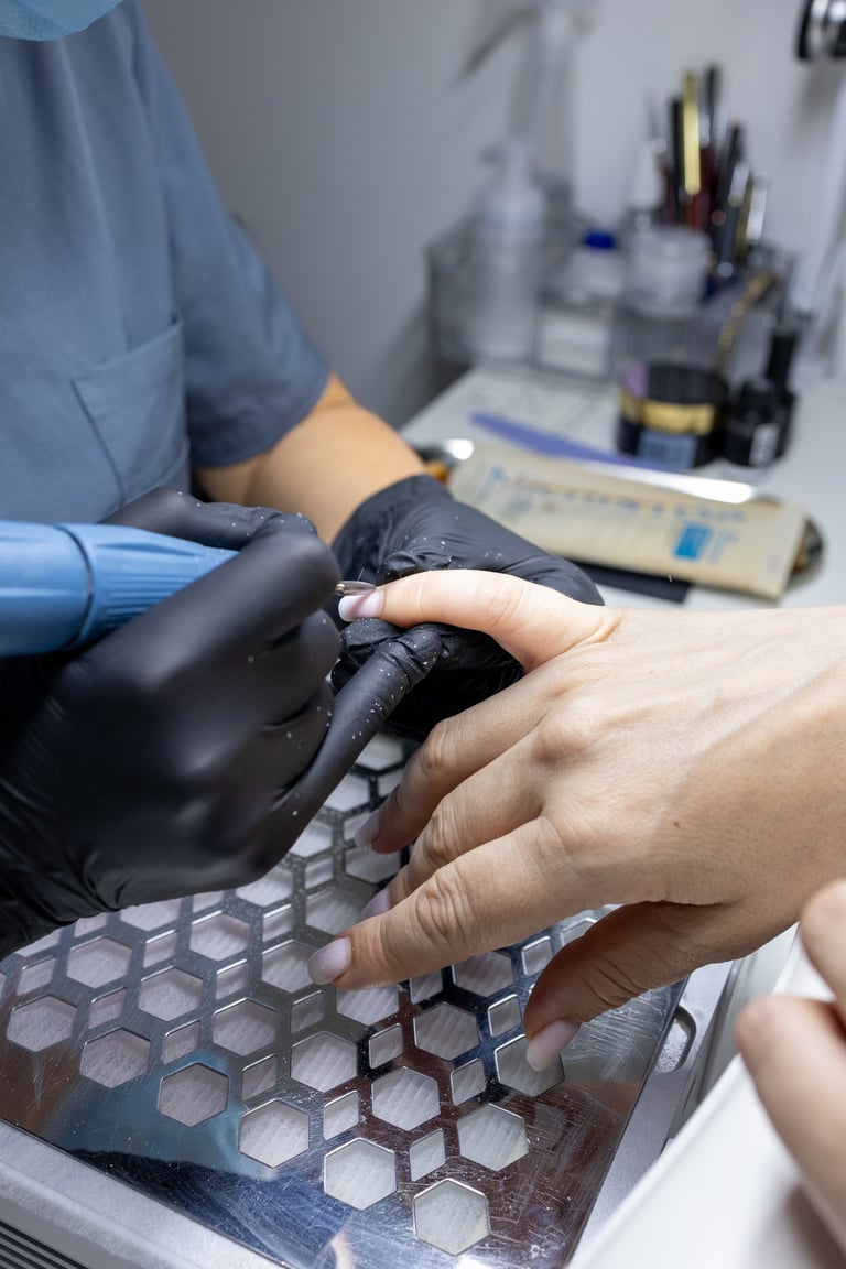 Nail technician performing manicure procedure with electric nail drill