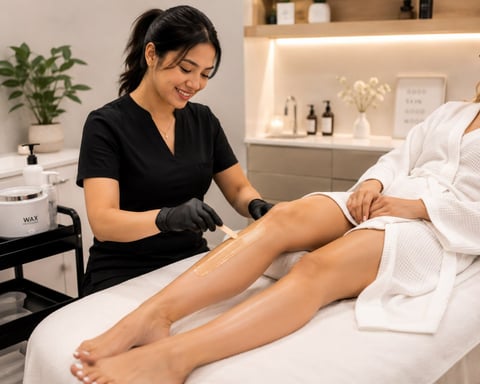 Aesthetician in black uniform performing leg waxing treatment on client in modern spa setting
