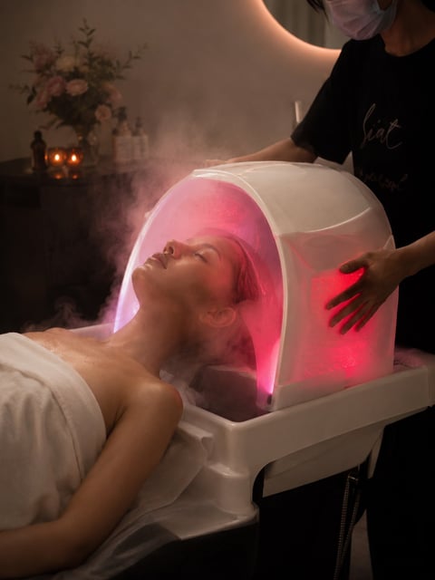 Person receiving red light therapy treatment in a spa setting with therapist assistance and ambient candlelight