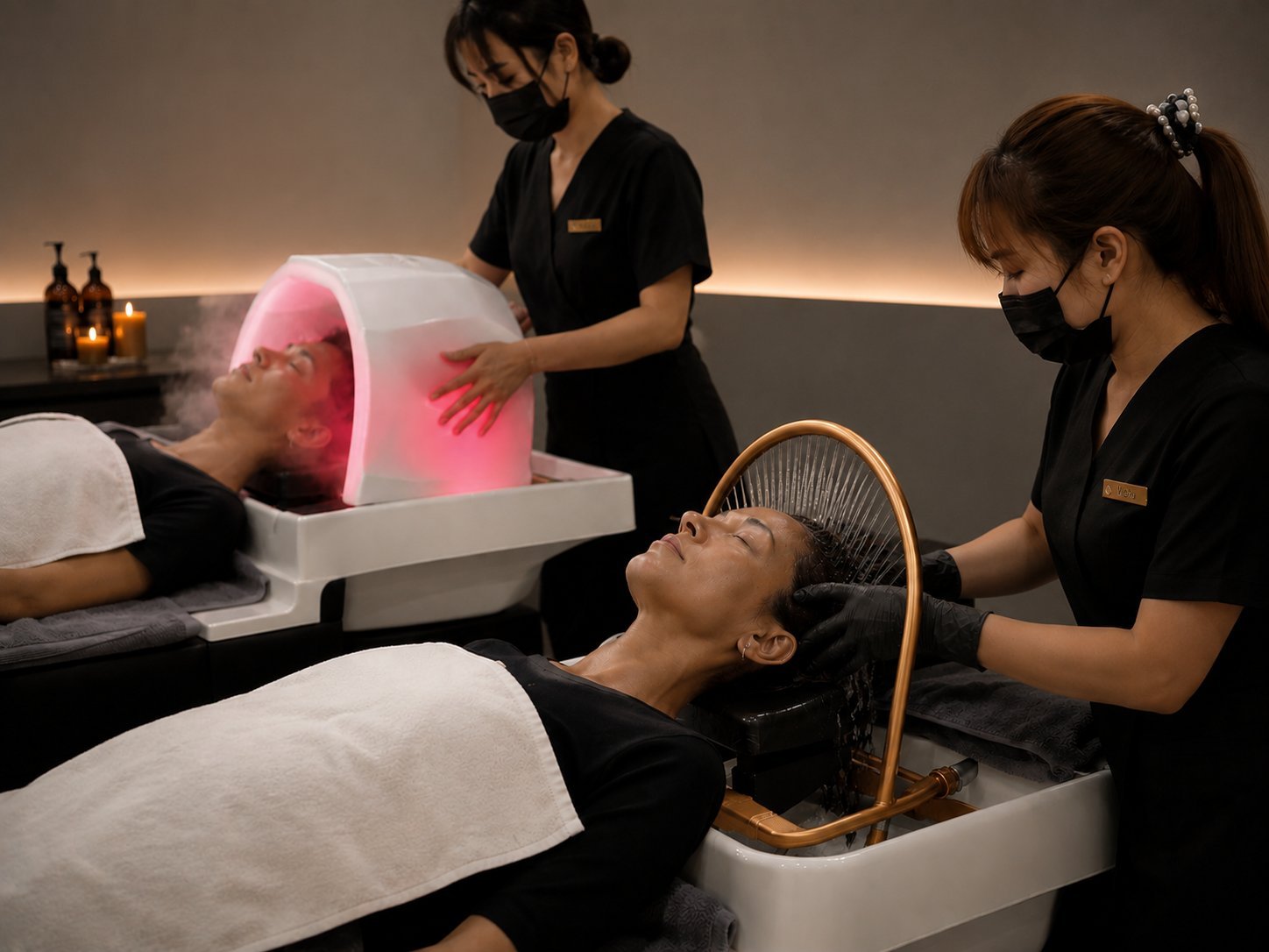 Woman receiving red light therapy treatment on head while spa therapists in black uniforms assist in modern wellness clinic setting