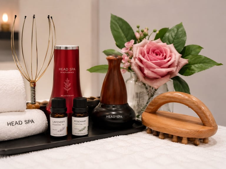 Spa and wellness products display with red bottles, massage tools, white towel, pink rose, and aromatherapy oils on black mat