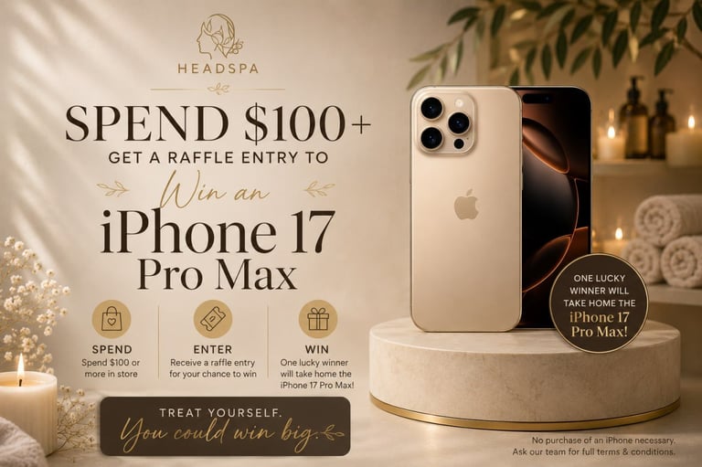 HeadSpa promotional image showing iPhone 17 Pro Max giveaway offer with $100+ spend requirement and raffle entry details