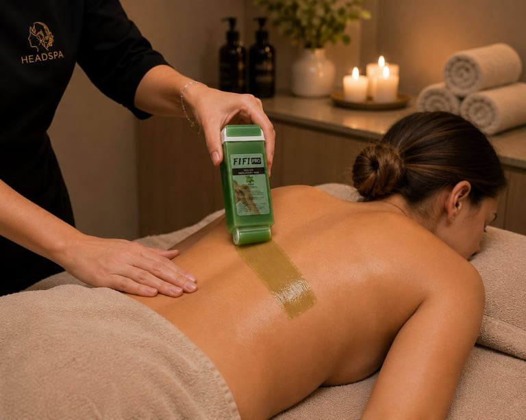 Spa therapist applying green herbal massage oil or scrub to clients back during relaxation treatment in candlelit spa setting