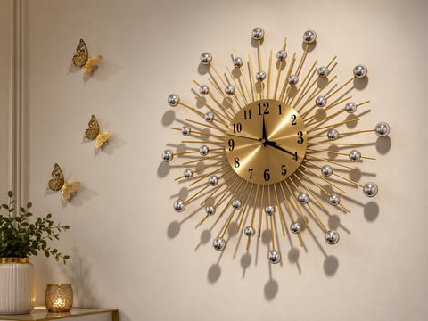 Gold starburst wall clock with metallic ball details and decorative golden butterflies on a cream wall above shelf with plants