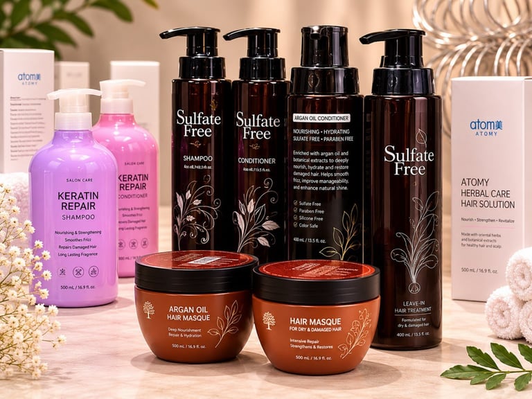 Collection of hair care products including shampoo, conditioner, and hair masks arranged with bottles and jars on a pink surface