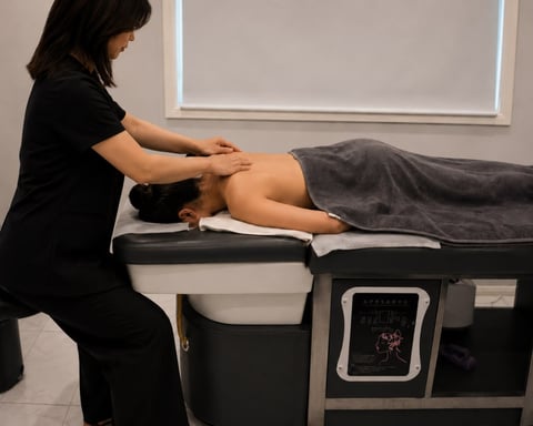 Healthcare practitioner performing manual therapy or massage treatment on patients back while lying on treatment table