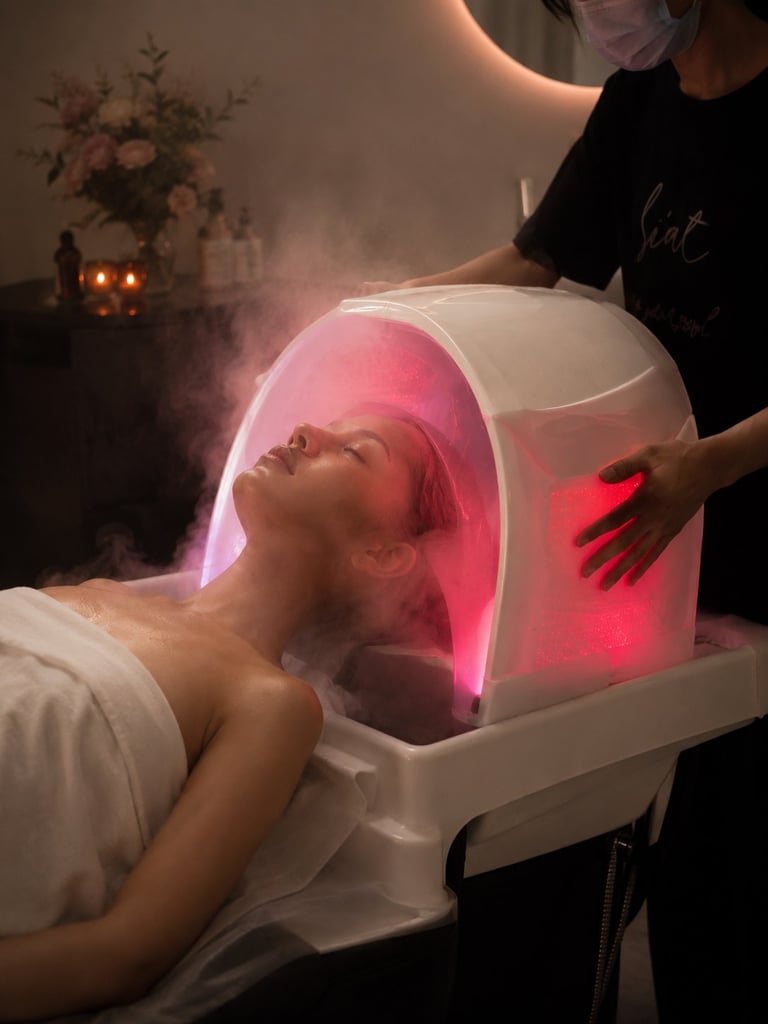 Woman receiving LED light therapy facial treatment in a spa setting with therapist attending