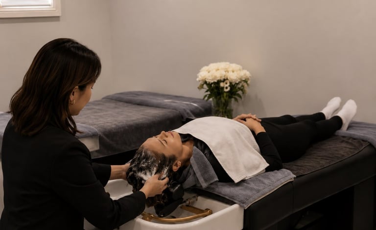 Woman receiving a head massage or spa treatment while lying on a bed with white flowers in background