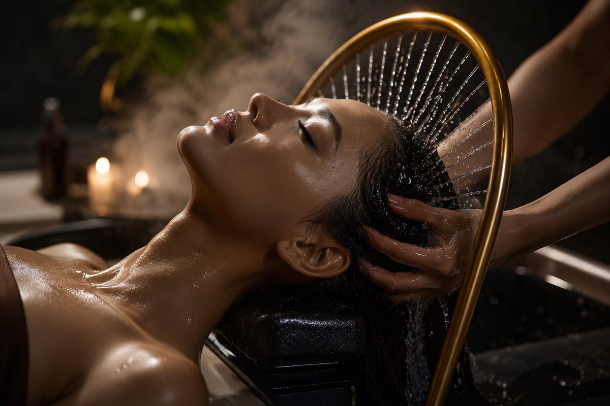 Woman receiving luxury scalp treatment with golden brush during spa massage, eyes closed in relaxation
