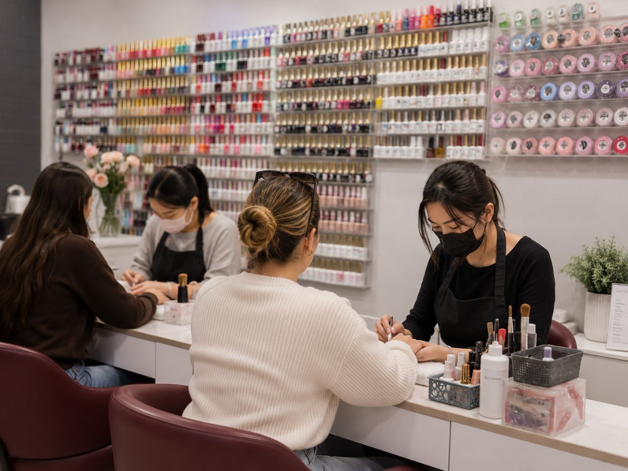 Nail salon interior with customers at service desk and shelves of colorful nail polish bottles displayed on wall behind counter
