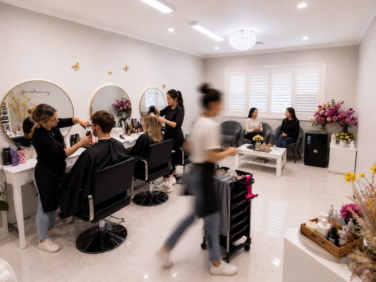 Modern beauty salon interior with stylists working with clients at stations and a waiting area with floral arrangements