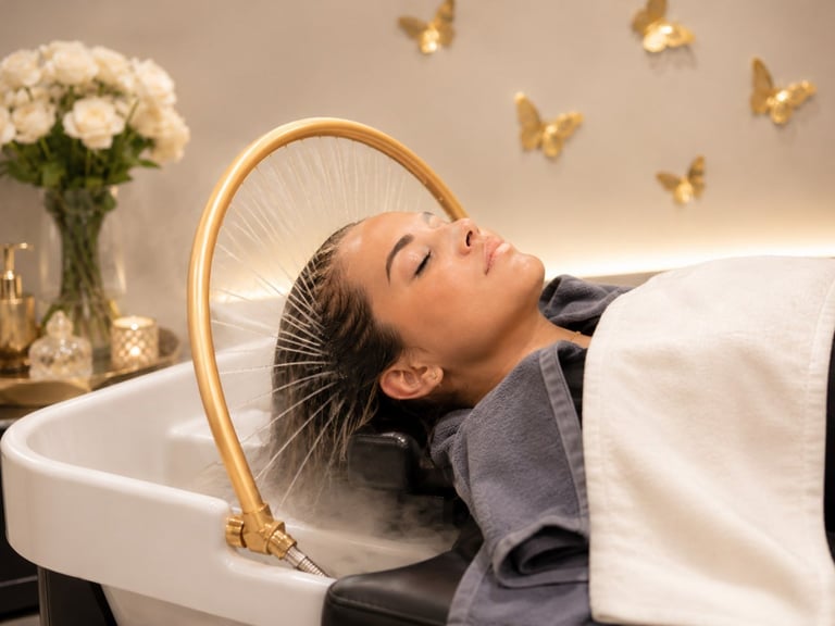 Woman getting hair wash at salon sink with towel, elegant background with flowers and gold butterfly decorations