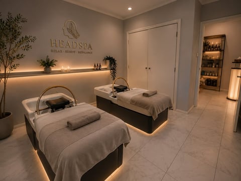 Modern spa room with two massage beds, ambient lighting, potted plants, and Hera Spa signage on the wall