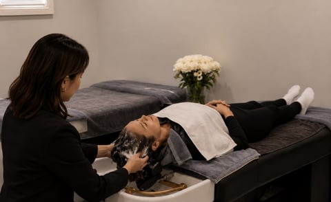 Massage therapist performing head massage on client lying on massage table with white flowers in background
