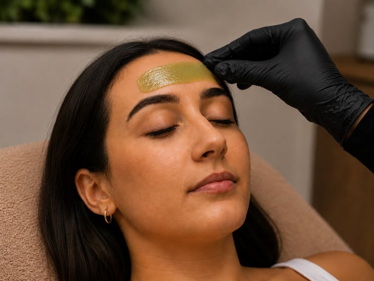 Spa professional applying gold facial treatment to womans forehead during skincare procedure