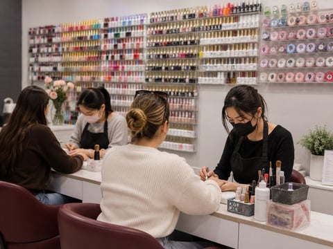 Beauty salon interior with customers at counter and wall display of colorful nail polish bottles