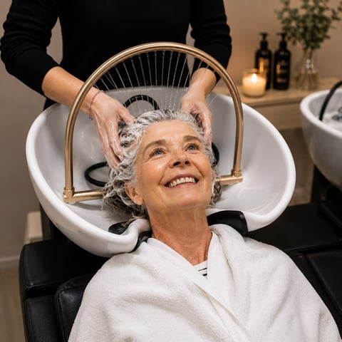 Senior woman getting hair washed at salon sink by hairstylist in black top