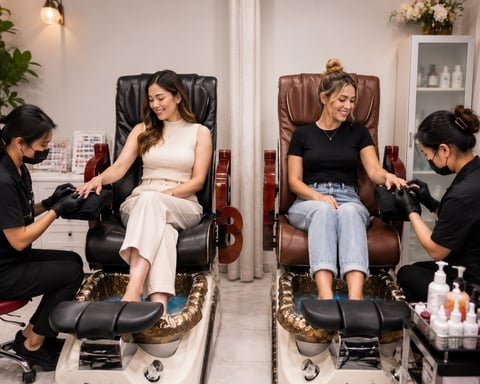 Two women sitting in pedicure chairs while nail technicians work on their feet in a salon setting