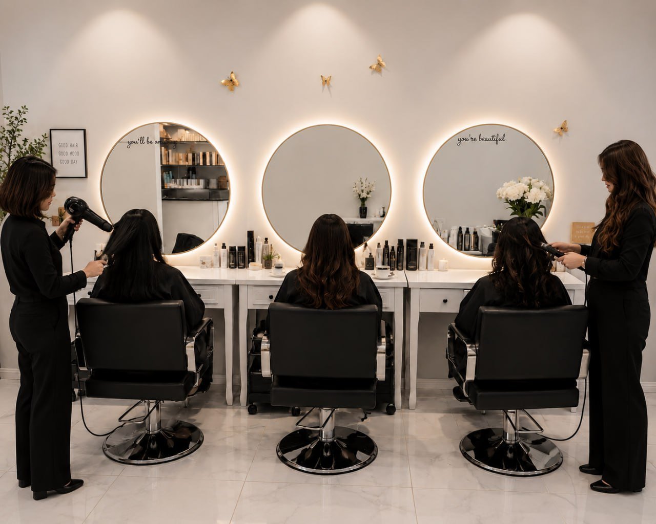 Modern hair salon with three customers in black chairs at vanities with illuminated mirrors and two stylists in black uniforms working.